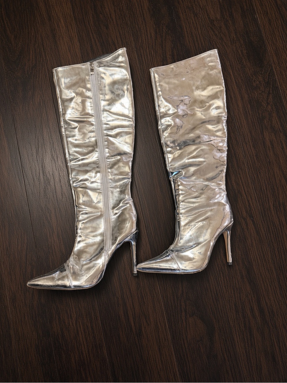 ARQA Silver Metallic Knee High Stiletto Boots Size 6.5
